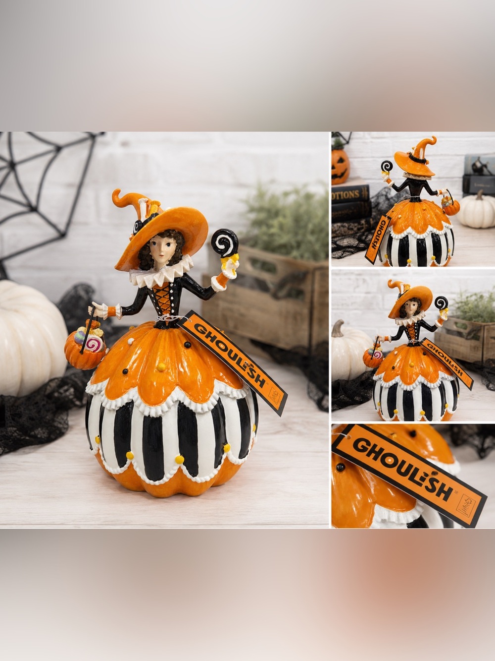 🎃 NWT Whimsical Halloween Pumpkin Witch Figurine – “GHOULISH” Decor – Orange